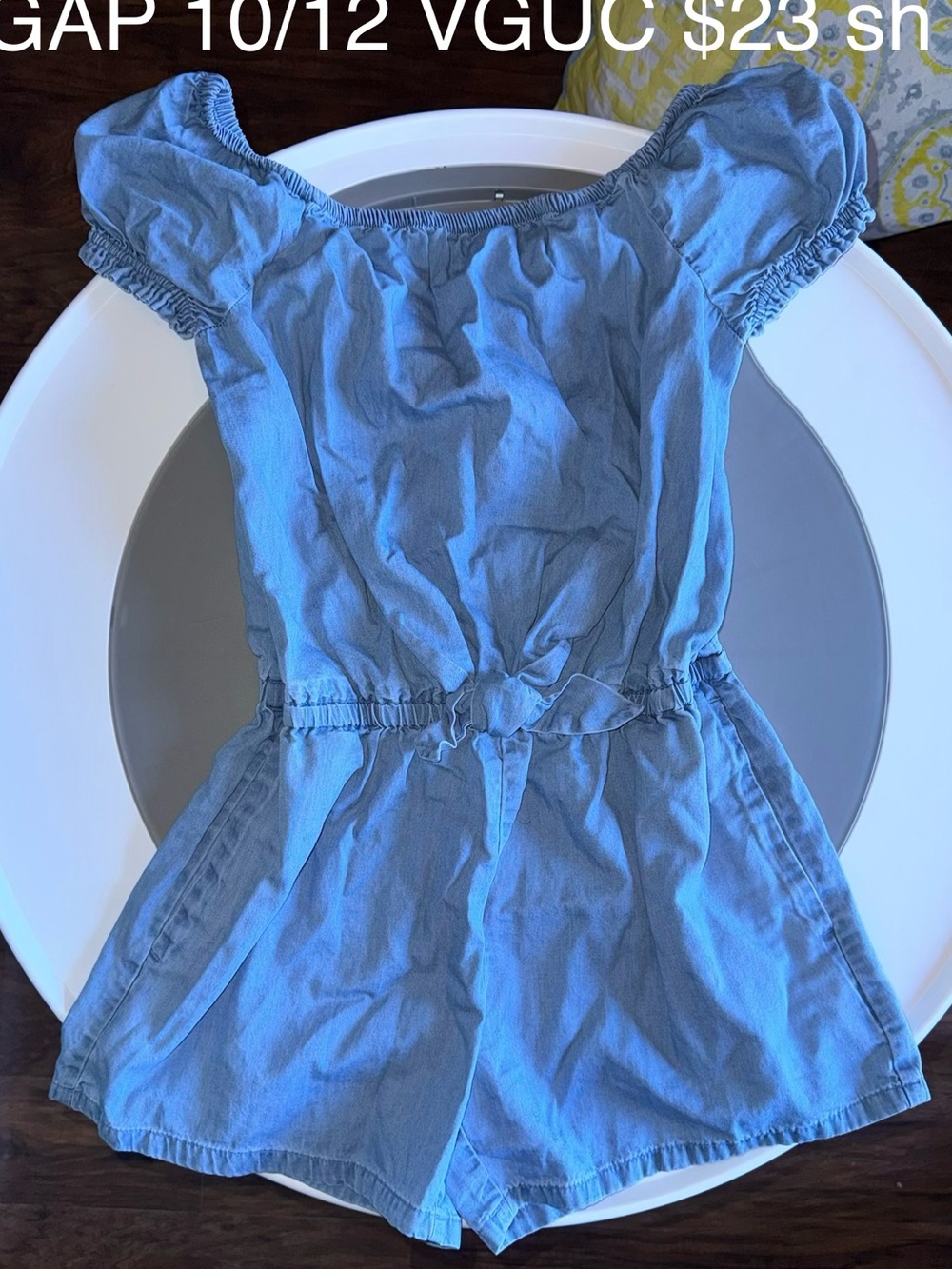 GAP Light Blue Off-Shoulder Chambray Romper with Waist Tie